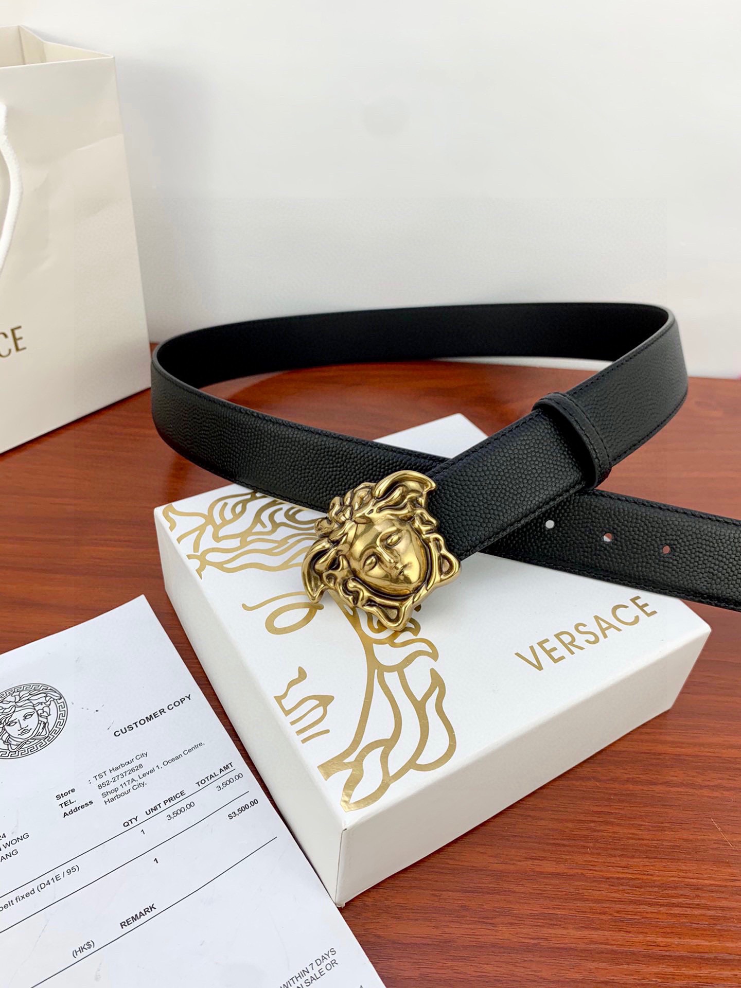 베르사체 그레인 레더 빅 메두사 헤드 빈티지 골드 버클 벨트